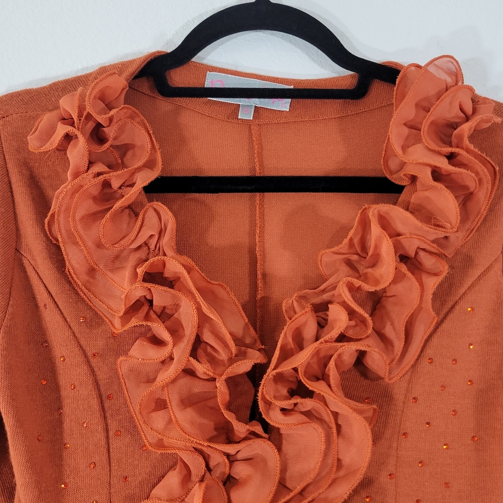 PRETTY ANGEL terracotta linen blend ruffle collar lace tulle trim cardigan - Picture 2 of 9